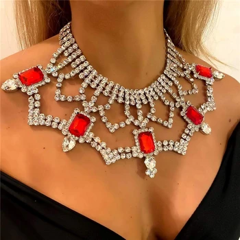 Роскошное модное квадратное большое ожерелье из красного хрусталя, элегантная атмосфера, свадебное ожерелье из горного хрусталя, женские ювелирные изделия оптом