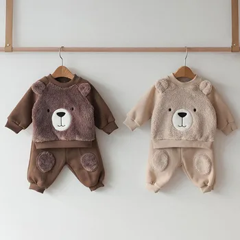 Одежда для маленьких девочек, Милый медведь, комплекты из 3 предметов для маленьких мальчиков, осенне-зимняя плюшевая теплая одежда для новорожденных, детский костюм для малышей