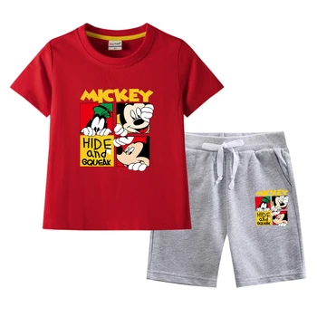 Детский костюм, летние шорты с короткими рукавами для мальчиков и девочек, комплект из двух предметов с мультяшным принтом Микки Мауса от Disney