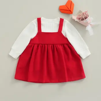 Комплект одежды из двух предметов для маленьких девочек 0-3 лет, белый пуловер с круглым воротником и красная юбка на подтяжках с квадратным воротником
