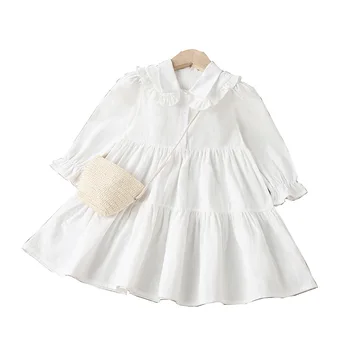 Весна Лето Белая Детская одежда для маленьких девочек Хлопковое платье Платье принцессы для девочек с длинным рукавом для девочек 4-7 лет