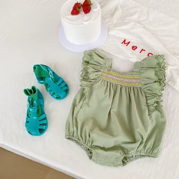Летняя одежда для младенцев, цельный комбинезон для девочек с развевающимися рукавами, однотонный комбинезон зеленого цвета, вышитый треугольный альпинистский костюм, комбинезон для новорожденных
