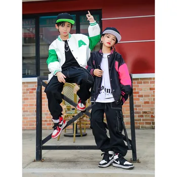 Детская уличная одежда в стиле хип-хоп, Свободные повседневные весенне-осенние комплекты курток, одежда для выступлений на сцене для мальчиков и девочек, детское спортивное пальто, спортивные костюмы