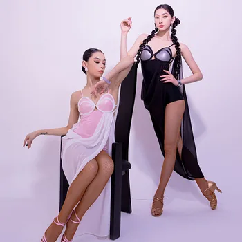 Женское платье для латиноамериканских танцев в полоску без рукавов необычного дизайна, костюм для соревнований по бальным танцам D55