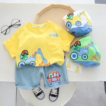 Летний Комплект одежды для маленьких мальчиков 2023 года, футболка с короткими рукавами с мультяшным грузовиком-динозавром, джинсовые шорты, комплект одежды для маленьких мальчиков