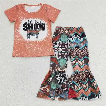 GSPO0457 Оптовая продажа оранжевого брючного костюма с короткими рукавами для маленьких девочек, одежда из западного бутика, горячая распродажа