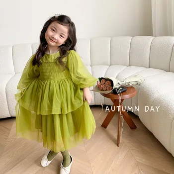 Весенне-осеннее модное зеленое сетчатое многослойное платье принцессы для девочек 1-8 лет, детские модные вечерние платья