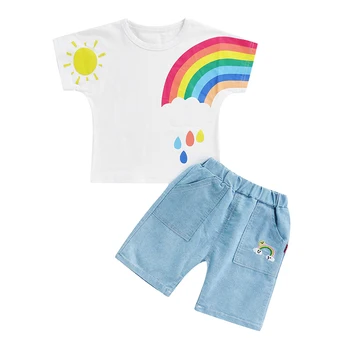 Комплект детских шорт для мальчиков, футболка с короткими рукавами и джинсовыми шортами с радужным принтом, летняя одежда