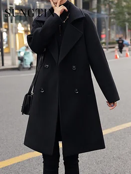 Sungtin Korea Элегантное шерстяное пальто для женщин, классическое повседневное двубортное длинное пальто, осень-зима, Свободная офисная женская верхняя одежда