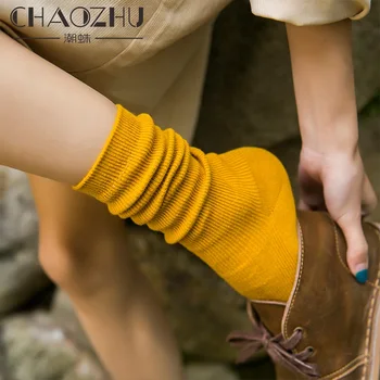 ЧАОЧЖУ, японские Корейские Высокие носки для старшеклассниц, Свободные Однотонные Хлопчатобумажные Длинные Носки с двойными спицами, Вязаные спицами для женщин