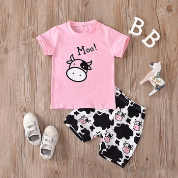 Костюм с принтом коровы для маленьких девочек, Летняя милая футболка + шорты, 2 предмета, Повседневная модная Детская одежда из хлопка для мальчиков, одежда для малышей