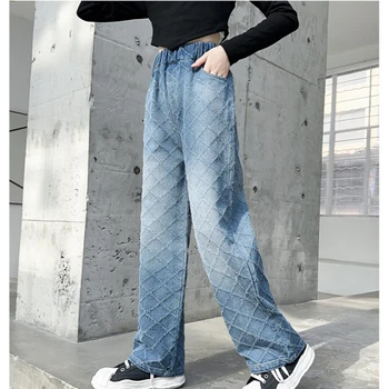 Детская одежда для подростков, Весенняя новая уличная мода, джинсы, повседневные брюки для девочек, жаккардовый дизайн с бриллиантами, широкие брюки от 4 до 14 лет