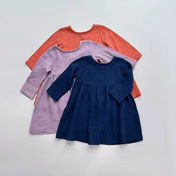 Платья для девочек из чистого хлопка, Простые модные детские платья в повседневном стиле, однотонная летняя осенняя одежда для детей