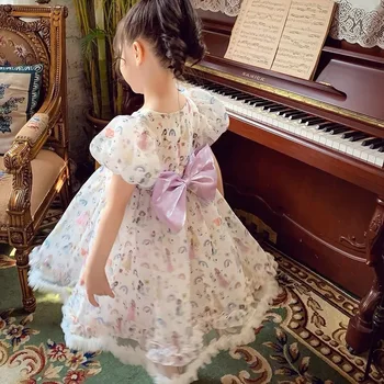 Платье принцессы с мультяшным принтом, летнее платье в цветочек для девочек, шифоновое платье на день рождения, Свадебное вечернее бальное платье-пачка, кружевное детское платье с цветочным рисунком
