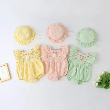 Летняя одежда для маленьких девочек, детский комбинезон и шапочка, Хлопчатобумажный комбинезон для малышей с рукавами-мухами, расшитый цветами