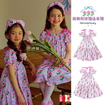 Корейское Детское платье Принцессы для девочек, Летнее Новинка 2023 года, Цельнокроеные юбки с цветочным рисунком Для Маленьких Девочек, Детская одежда от 2 до 8 Лет