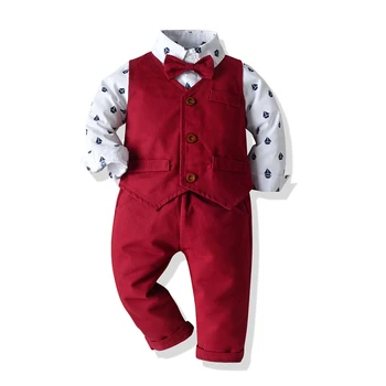 Детский строгий костюм для мальчиков, комплект жилета из 4 предметов с рубашкой, галстуком-бабочкой, Жилетом и брюками, Красный, белый, Подарок на день рождения, от 1 до 2 лет, от 5 лет