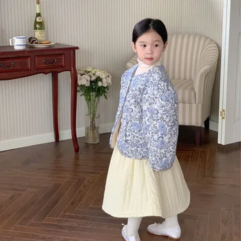 4364E Детская куртка с хлопчатобумажной подкладкой, зимний топ с цветочным принтом для корейских девочек 2022 года, плотное детское пальто из бархата и хлопка