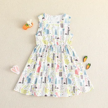 Новое летнее платье для средних детей 2-6 лет, сарафан без рукавов с милым кроликом для маленькой девочки, детские платья для девочек