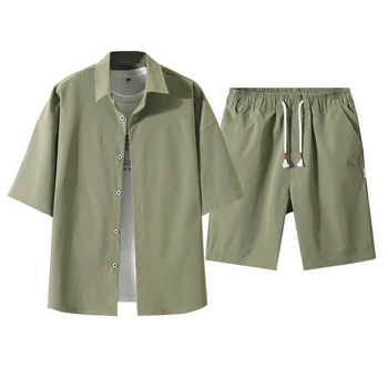 Мужской комплект в корейском стиле, рубашки и шорты, Однотонный тонкий топ с коротким рукавом, подходящие низы, Летняя модная быстросохнущая одежда для мужчин