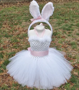 Пасхальное платье с кроличьими перьями, белое тюлевое платье-пачка для девочек с розовыми ушками, бантик для волос, детский день рождения, мультяшный костюм, платья