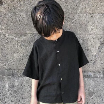Футболки для мальчиков, Новая летняя детская одежда, детский хлопковый льняной топ в японском стиле с коротким рукавом, повседневная свободная футболка для маленьких девочек на каникулах