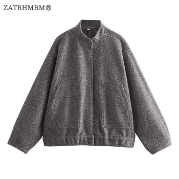 ZATRHMBM Женщины 2023 Весенняя мода Серые куртки Пальто Винтажный боковой карман с длинным рукавом Повседневная Женская верхняя одежда Шикарные топы