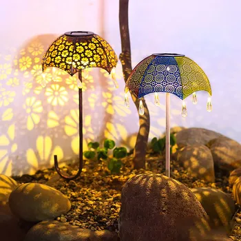 Кованые Солнечные газонные лампы в форме зонтика, Уличный светильник для газона, Полый Цветочный узор, свет и тень, Садовые лампы для газона во дворе