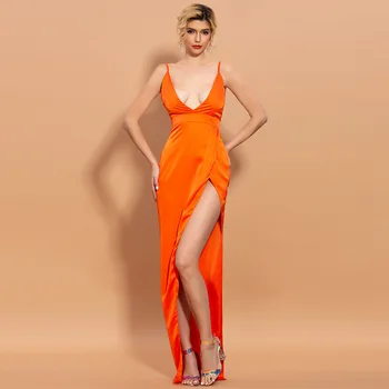 2021 Новые Сексуальные Оранжевые вечерние платья с глубоким V-образным вырезом, Женские вечерние платья с высокой спинкой и разрезом на бретельках, нерегулярные клубные халаты