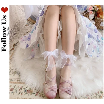Сексуальные кружевные носки с бантом, женские прозрачные сетчатые чулки до щиколотки, женские ультратонкие тюлевые носки принцессы в стиле Лолиты, женские носки Meias