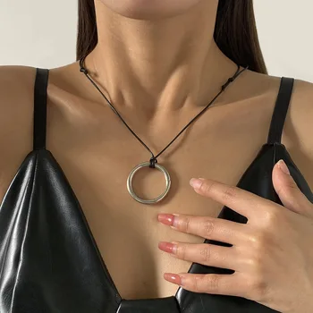 Винтажное женское кольцевое кольцевое ожерелье с подвеской в виде круга, Готический черный восковой шнур, цепочка, колье, украшения для вечеринок