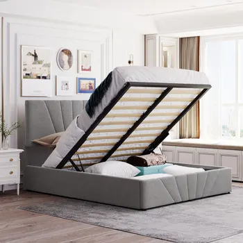 Обитая кровать-платформа с гидравлической системой хранения - Серый Queen-size /В натуральную величину