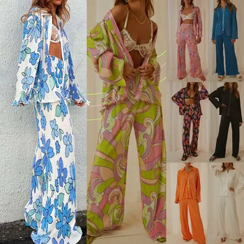 Echoine Женская летняя шелковая пижама с длинным Рукавом и принтом, Комплект из двух предметов, Рубашка, Топ, брюки, 2022, домашняя одежда для сна, Костюм для отдыха, Наряды