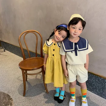 Летняя одежда для брата и сестры в корейском стиле из хлопка и льна, комплекты модной одежды с матросским воротником, платье для девочек