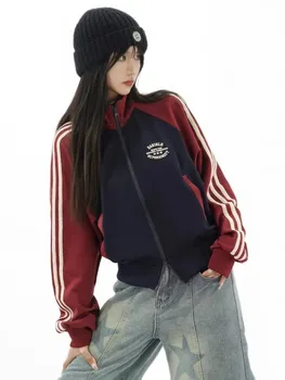 Укороченная куртка в стиле пэчворк, Женская верхняя одежда в стиле ретро Y2k на молнии, Корейская уличная одежда, куртки в полоску с воротником-стойкой Gorpcore, Женские Новинки