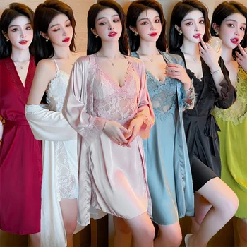 2022 Лето 2ШТ Сексуальное кружевное белье Ночные рубашки Комплекты халатов для женщин Корейские шелковые атласные халаты Пижамы Ночная рубашка Ночное платье