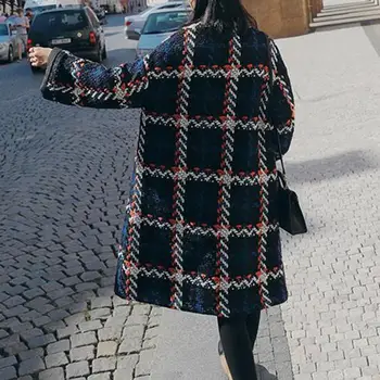 Женское пальто, повседневная одежда с клетчатым принтом, утепленные куртки средней длины, Офисная женская одежда, пальто в клетку для улицы