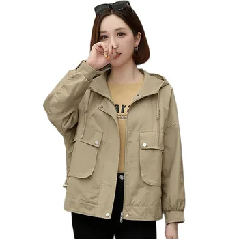 Женская куртка, Демисезонная Корейская Свободная ветровка с капюшоном, женское Новое модное Короткое базовое пальто, Женская Повседневная верхняя одежда, топы