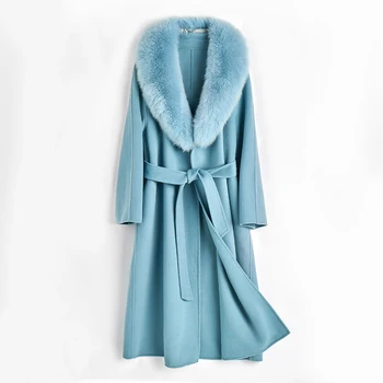 Женские шерстяные длинные пальто Hwitex FW с воротником из 100% лисьего меха, минималистичные куртки, женский тренч, шерстяное пальто, зимний тренд HW2082