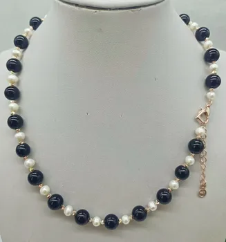 Натуральный 5-6 мм белый культивированный жемчуг и 10 мм черный агат, ожерелье из круглых бусин, 18-дюймовый модный ювелирный подарок