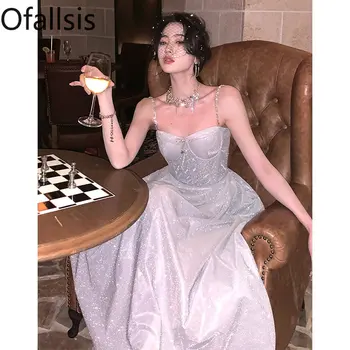 Ofallsis, серебристо-серое платье без бретелек, 2023, летнее женское новое стильное элегантное сказочное знаменитое роскошное платье на бретельках.