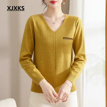 XJXKS 2023, Весна-Зима, Новый удобный шерстяной вязаный пуловер, женский свитер, высококлассный темпераментный топ с V-образным вырезом,