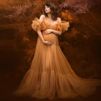 Сшитые на заказ золотые платья для беременных с открытыми плечами, прозрачное тюлевое платье для беременных для фотосессии, платья для беременных женщин