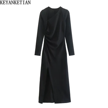 Весенняя одежда KEYANKETIAN, новое асимметричное платье с диагональным вырезом, плиссированный дизайн, тонкое платье с V-образным вырезом, черная юбка МИДИ в стиле Херберн