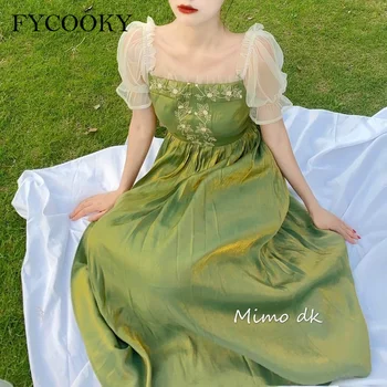 Французское элегантное зеленое сетчатое платье, женские винтажные кружевные платья принцессы в стиле пэчворк, летние праздничные платья с пышными рукавами на одно плечо.