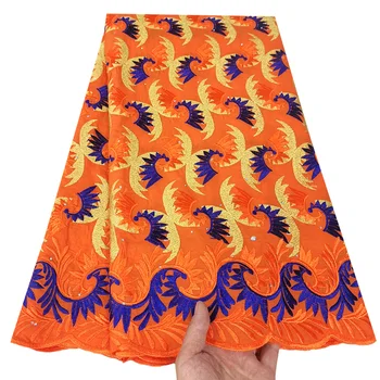 Оранжевая + синяя швейцарская кружевная ткань с африканской вышивкой, высококачественная африканская кружевная ткань из 100% хлопка, швейцарская вуаль, кружево для свадьбы B954