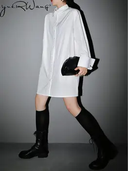 Женское платье yuerwang 2023 Весеннее хлопчатобумажное Белое платье-рубашка С длинным рукавом свободные Плиссированные Платья нерегулярной формы Новое поступление