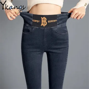 Плюс Бархатная резинка с буквенным принтом, узкие джинсы-карандаш с высокой талией, Эластичные Джинсовые брюки Корейской мамы, женские Утепленные Теплые брюки