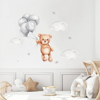 Мультяшный плюшевый мишка, воздушные шары, облака, наклейки на стены детской, Художественные съемные плакаты с картинками для украшения дома в комнате для маленьких мальчиков.