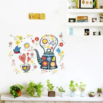 Разноцветный Цветочный Чайник Наклейки На Стену Искусство Гостиная Украшение Стеклянного Окна Кухня Домашний Декор Подарок Высокое Качество Наклейки